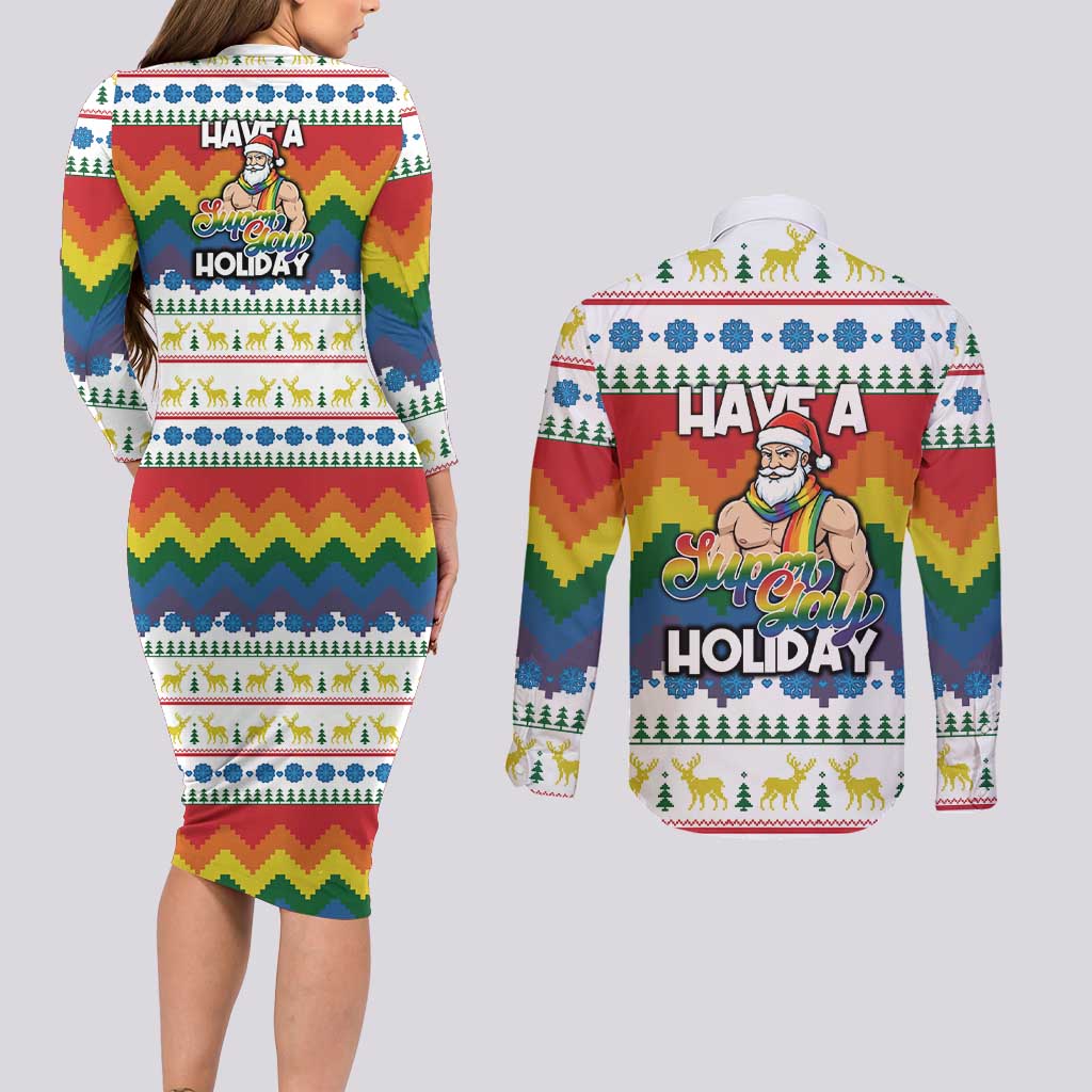 Have A Super Gay Holiday Christmas Couples Matching Long Sleeve Bodycon Dress and Long Sleeve Button Shirt Xmas Holiday Patterns - Wonder Print Shop