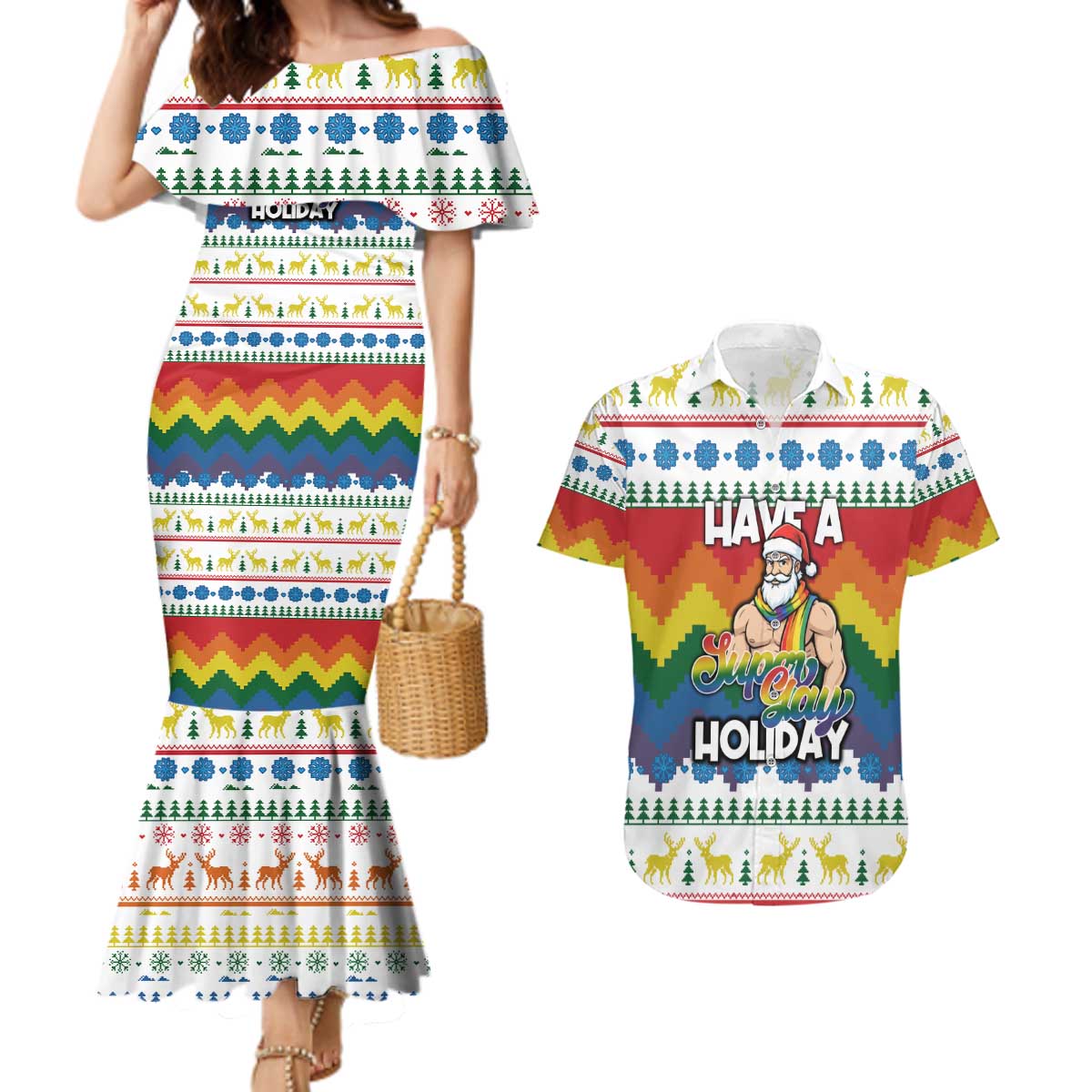Have A Super Gay Holiday Christmas Couples Matching Mermaid Dress and Hawaiian Shirt Xmas Holiday Patterns - Wonder Print Shop