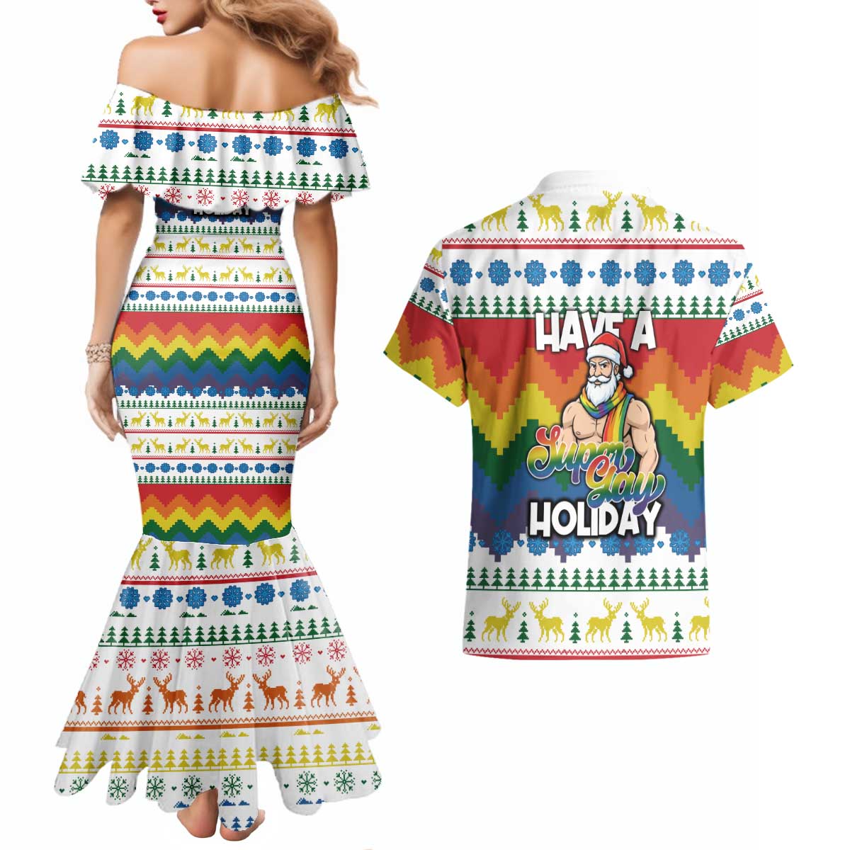 Have A Super Gay Holiday Christmas Couples Matching Mermaid Dress and Hawaiian Shirt Xmas Holiday Patterns - Wonder Print Shop