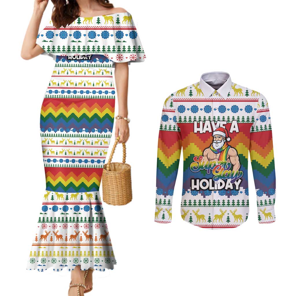 Have A Super Gay Holiday Christmas Couples Matching Mermaid Dress and Long Sleeve Button Shirt Xmas Holiday Patterns - Wonder Print Shop