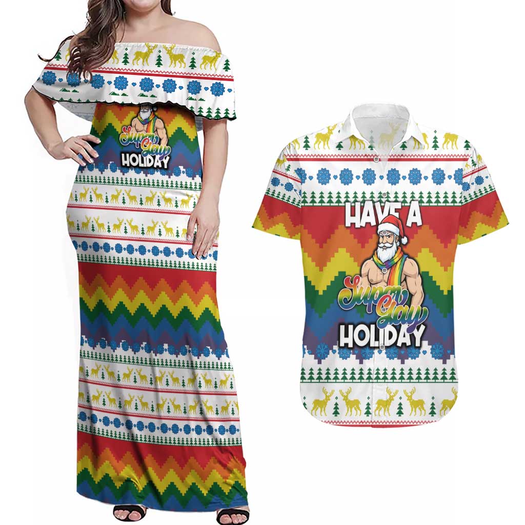 Have A Super Gay Holiday Christmas Couples Matching Off Shoulder Maxi Dress and Hawaiian Shirt Xmas Holiday Patterns - Wonder Print Shop