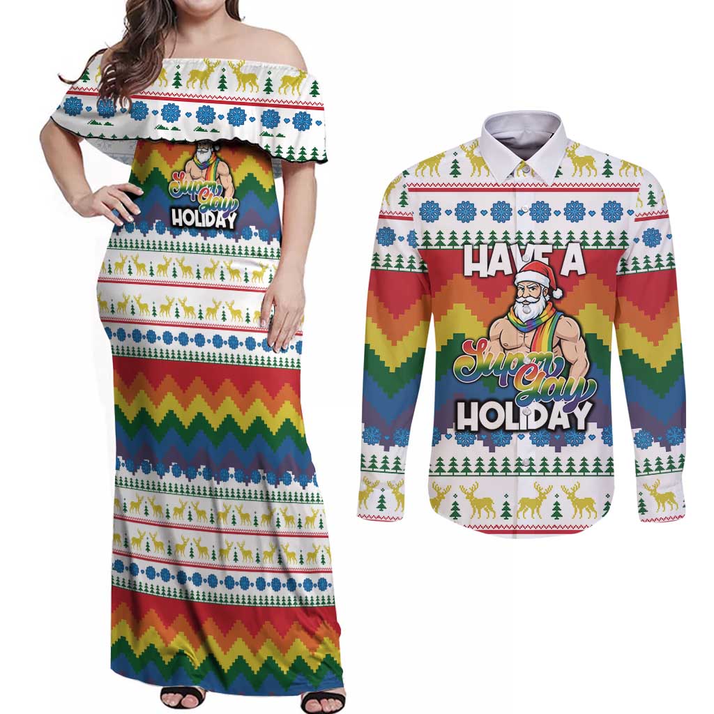 Have A Super Gay Holiday Christmas Couples Matching Off Shoulder Maxi Dress and Long Sleeve Button Shirt Xmas Holiday Patterns - Wonder Print Shop