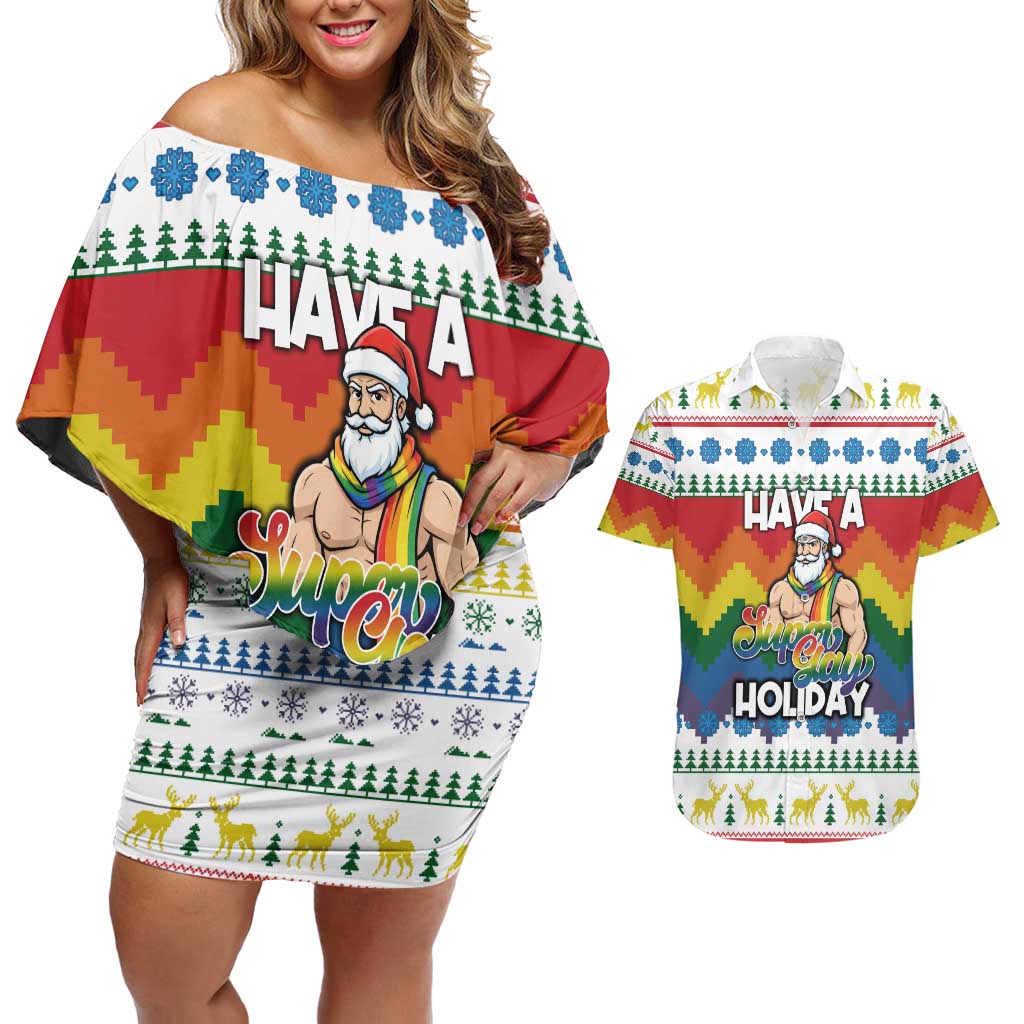 Have A Super Gay Holiday Christmas Couples Matching Off Shoulder Short Dress and Hawaiian Shirt Xmas Holiday Patterns - Wonder Print Shop