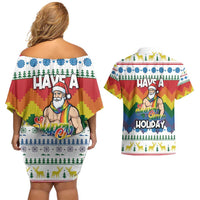Have A Super Gay Holiday Christmas Couples Matching Off Shoulder Short Dress and Hawaiian Shirt Xmas Holiday Patterns - Wonder Print Shop