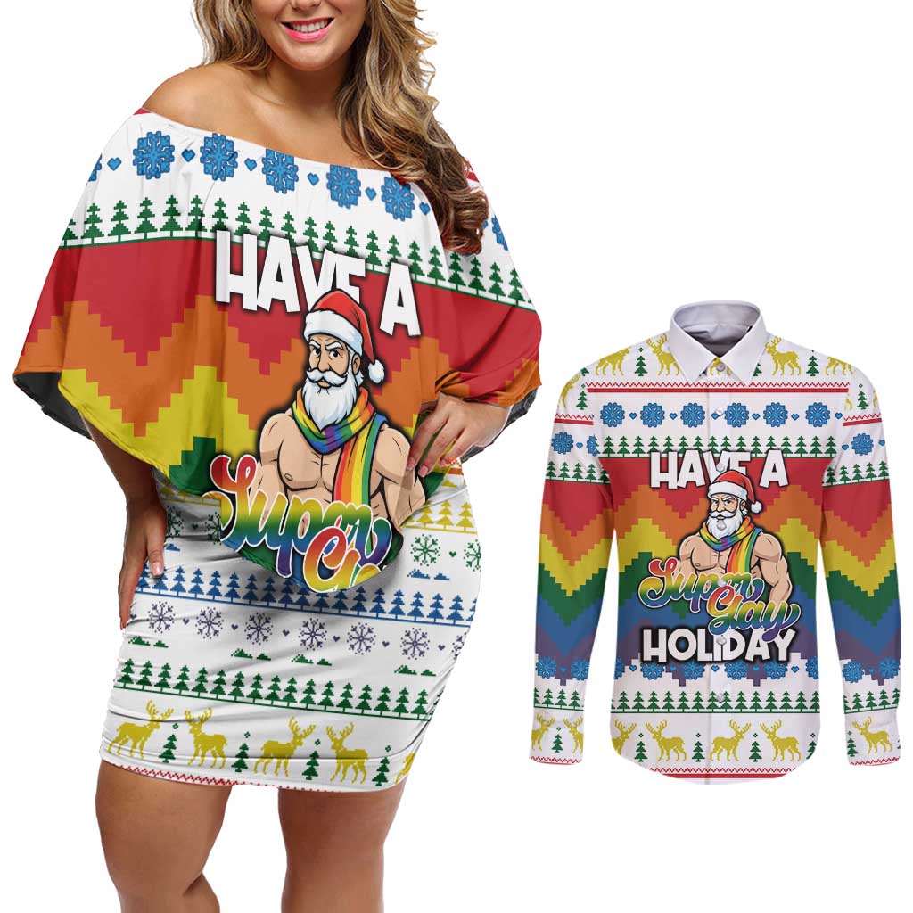 Have A Super Gay Holiday Christmas Couples Matching Off Shoulder Short Dress and Long Sleeve Button Shirt Xmas Holiday Patterns - Wonder Print Shop