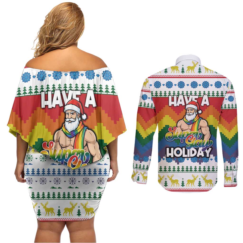 Have A Super Gay Holiday Christmas Couples Matching Off Shoulder Short Dress and Long Sleeve Button Shirt Xmas Holiday Patterns - Wonder Print Shop
