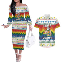 Have A Super Gay Holiday Christmas Couples Matching Off The Shoulder Long Sleeve Dress and Hawaiian Shirt Xmas Holiday Patterns - Wonder Print Shop