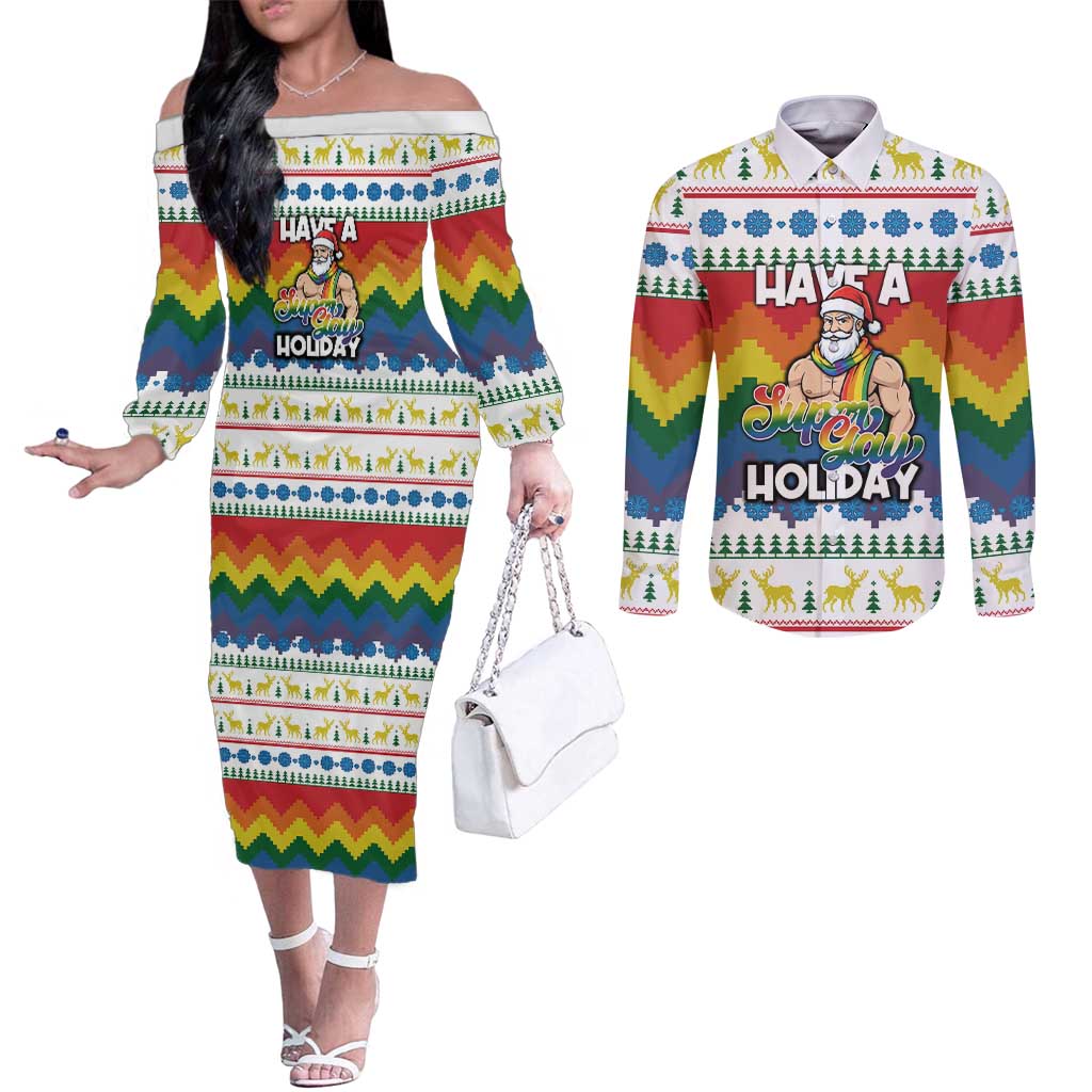 Have A Super Gay Holiday Christmas Couples Matching Off The Shoulder Long Sleeve Dress and Long Sleeve Button Shirt Xmas Holiday Patterns - Wonder Print Shop