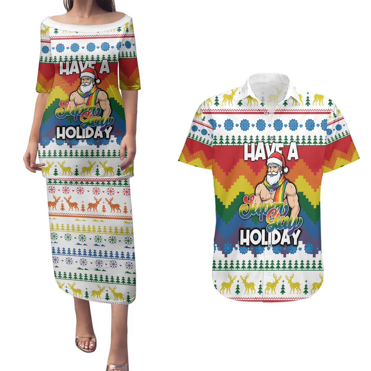 Have A Super Gay Holiday Christmas Couples Matching Puletasi and Hawaiian Shirt Xmas Holiday Patterns - Wonder Print Shop