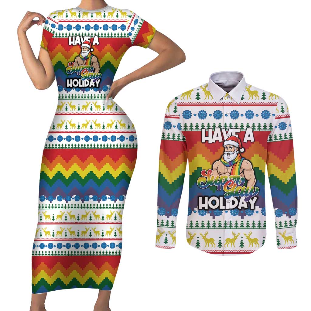 Have A Super Gay Holiday Christmas Couples Matching Short Sleeve Bodycon Dress and Long Sleeve Button Shirt Xmas Holiday Patterns - Wonder Print Shop