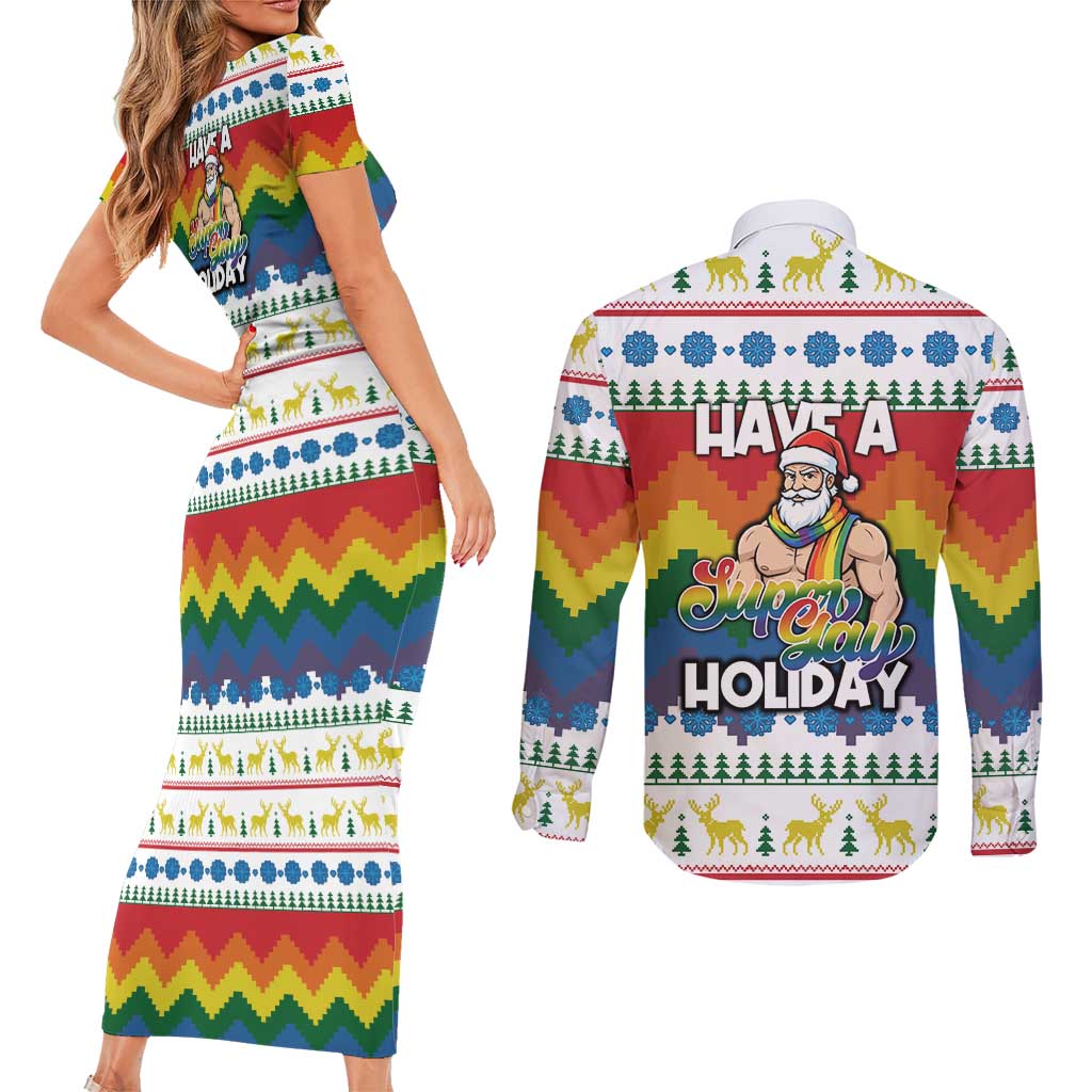 Have A Super Gay Holiday Christmas Couples Matching Short Sleeve Bodycon Dress and Long Sleeve Button Shirt Xmas Holiday Patterns - Wonder Print Shop