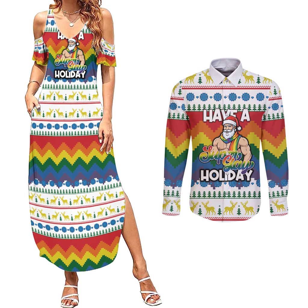 Have A Super Gay Holiday Christmas Couples Matching Summer Maxi Dress and Long Sleeve Button Shirt Xmas Holiday Patterns - Wonder Print Shop
