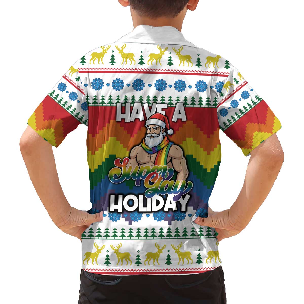 Have A Super Gay Holiday Christmas Family Matching Off The Shoulder Long Sleeve Dress and Hawaiian Shirt Xmas Holiday Patterns - Wonder Print Shop