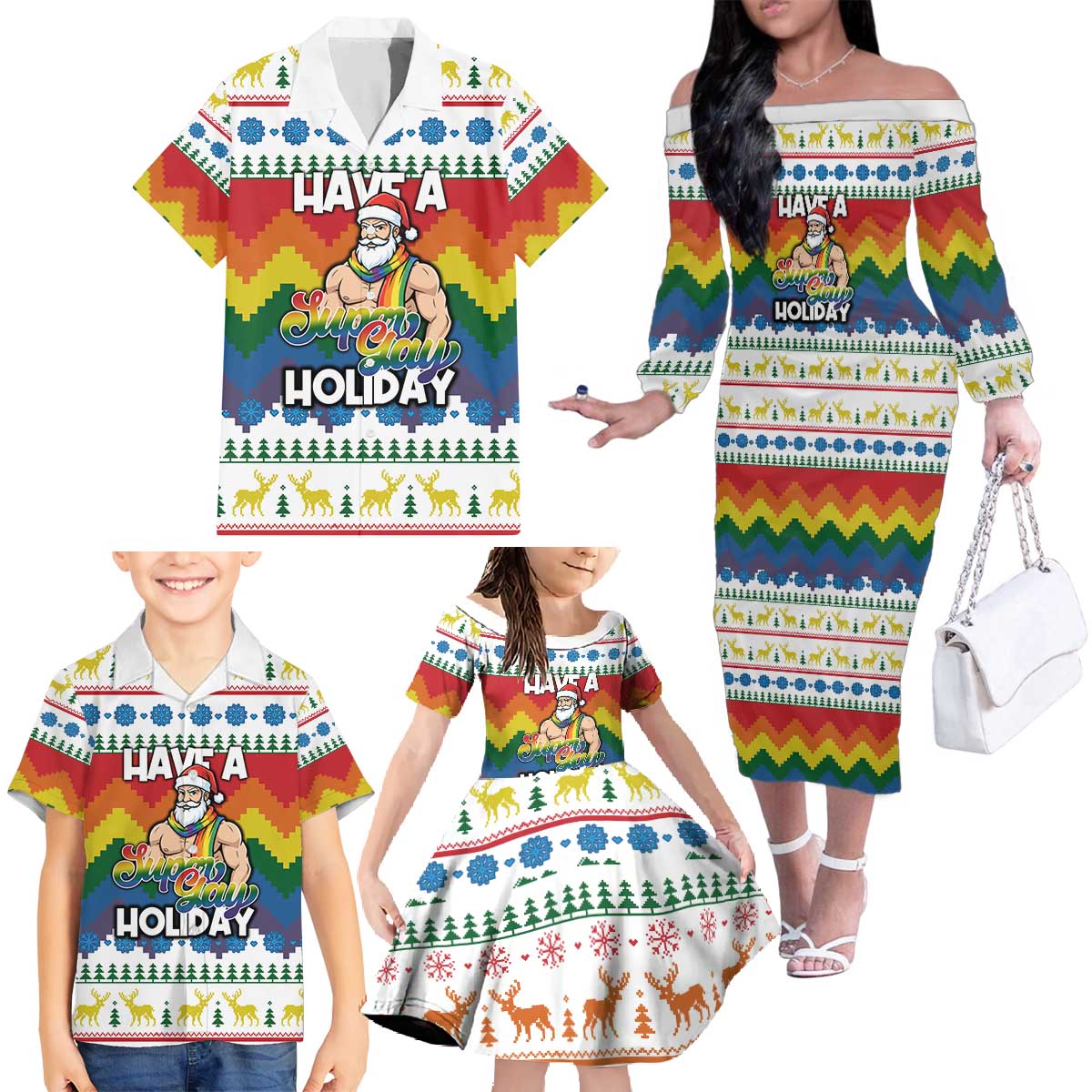 Have A Super Gay Holiday Christmas Family Matching Off The Shoulder Long Sleeve Dress and Hawaiian Shirt Xmas Holiday Patterns - Wonder Print Shop