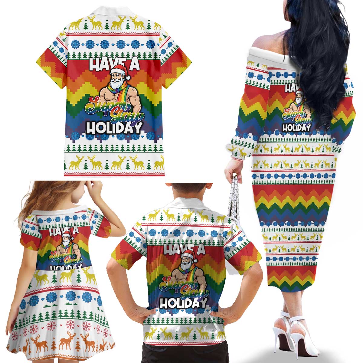 Have A Super Gay Holiday Christmas Family Matching Off The Shoulder Long Sleeve Dress and Hawaiian Shirt Xmas Holiday Patterns - Wonder Print Shop