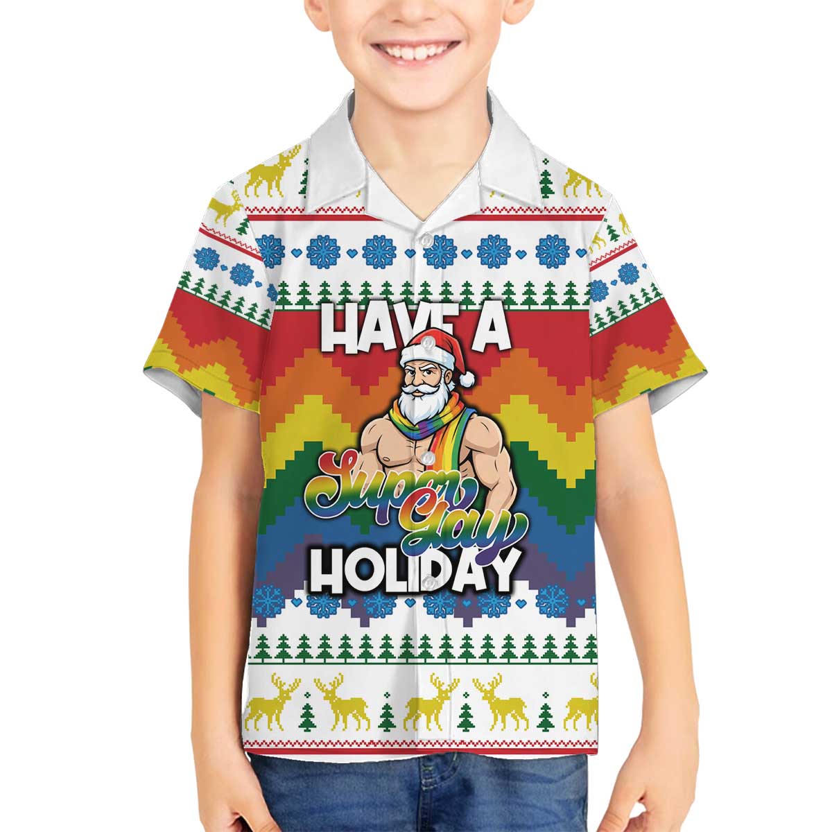 Have A Super Gay Holiday Christmas Family Matching Off The Shoulder Long Sleeve Dress and Hawaiian Shirt Xmas Holiday Patterns - Wonder Print Shop