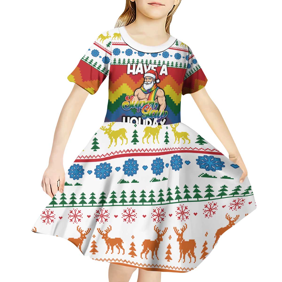 Have A Super Gay Holiday Christmas Kid Short Sleeve Dress Xmas Holiday Patterns - Wonder Print Shop