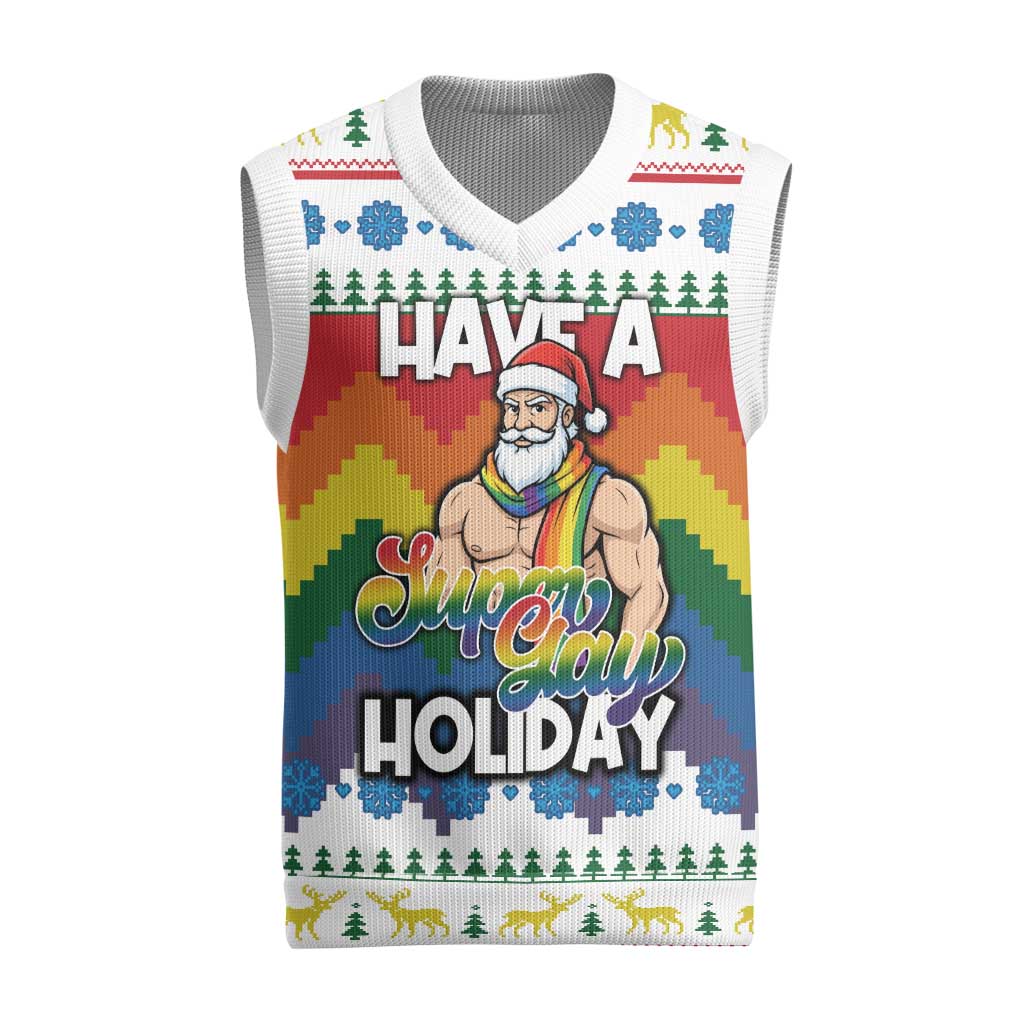 Have A Super Gay Holiday Christmas Knitted V-Neck Vest Xmas Holiday Patterns - Wonder Print Shop