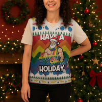 Have A Super Gay Holiday Christmas Knitted V-Neck Vest Xmas Holiday Patterns - Wonder Print Shop