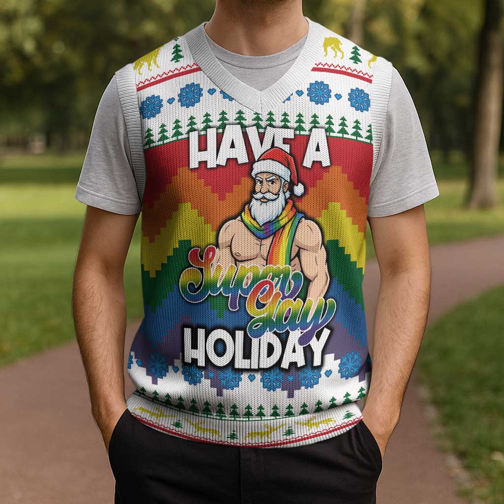 Have A Super Gay Holiday Christmas Knitted V-Neck Vest Xmas Holiday Patterns - Wonder Print Shop