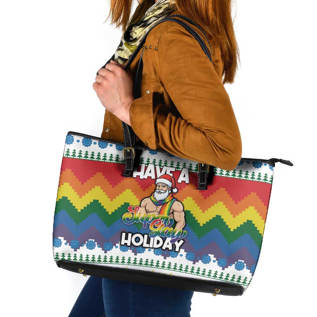 Have A Super Gay Holiday Christmas Leather Tote Bag Xmas Holiday Patterns - Wonder Print Shop