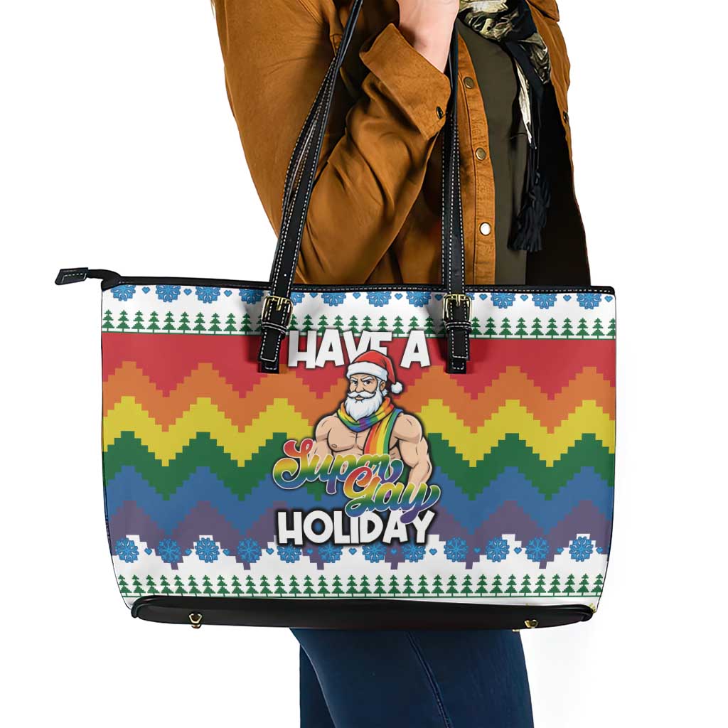 Have A Super Gay Holiday Christmas Leather Tote Bag Xmas Holiday Patterns - Wonder Print Shop