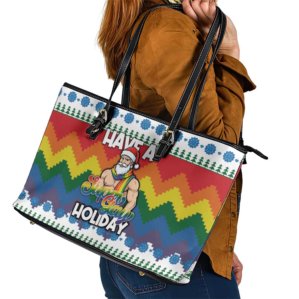 Have A Super Gay Holiday Christmas Leather Tote Bag Xmas Holiday Patterns - Wonder Print Shop