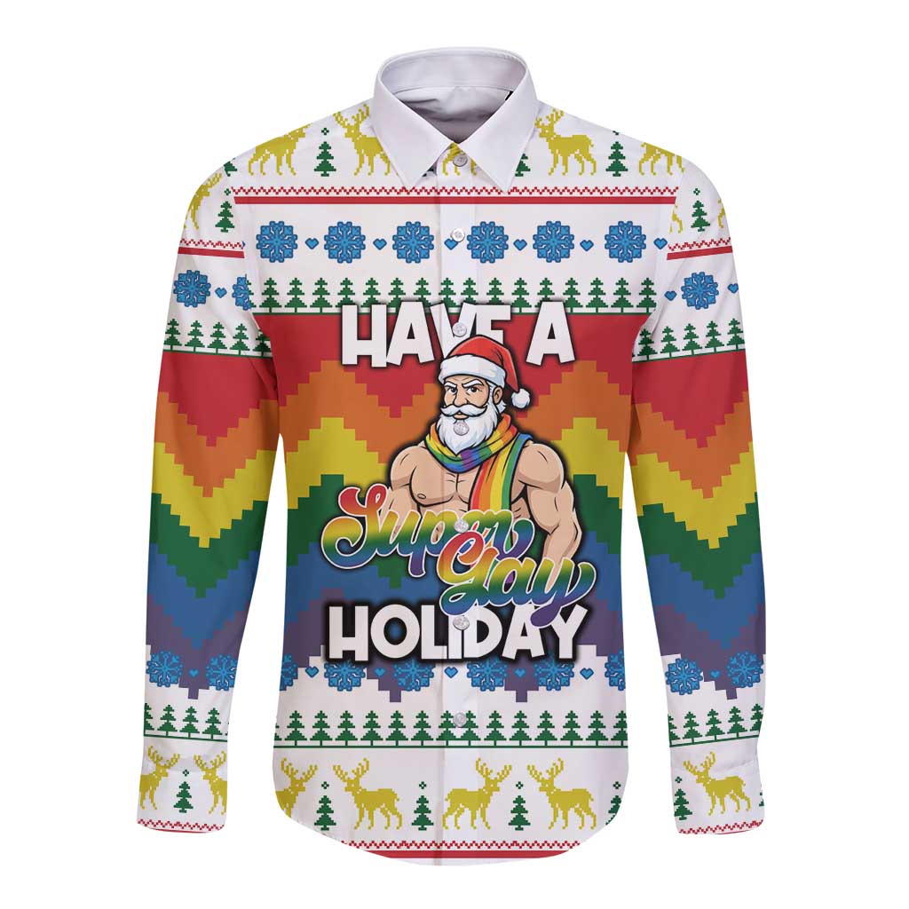 Have A Super Gay Holiday Christmas Long Sleeve Button Shirt Xmas Holiday Patterns - Wonder Print Shop
