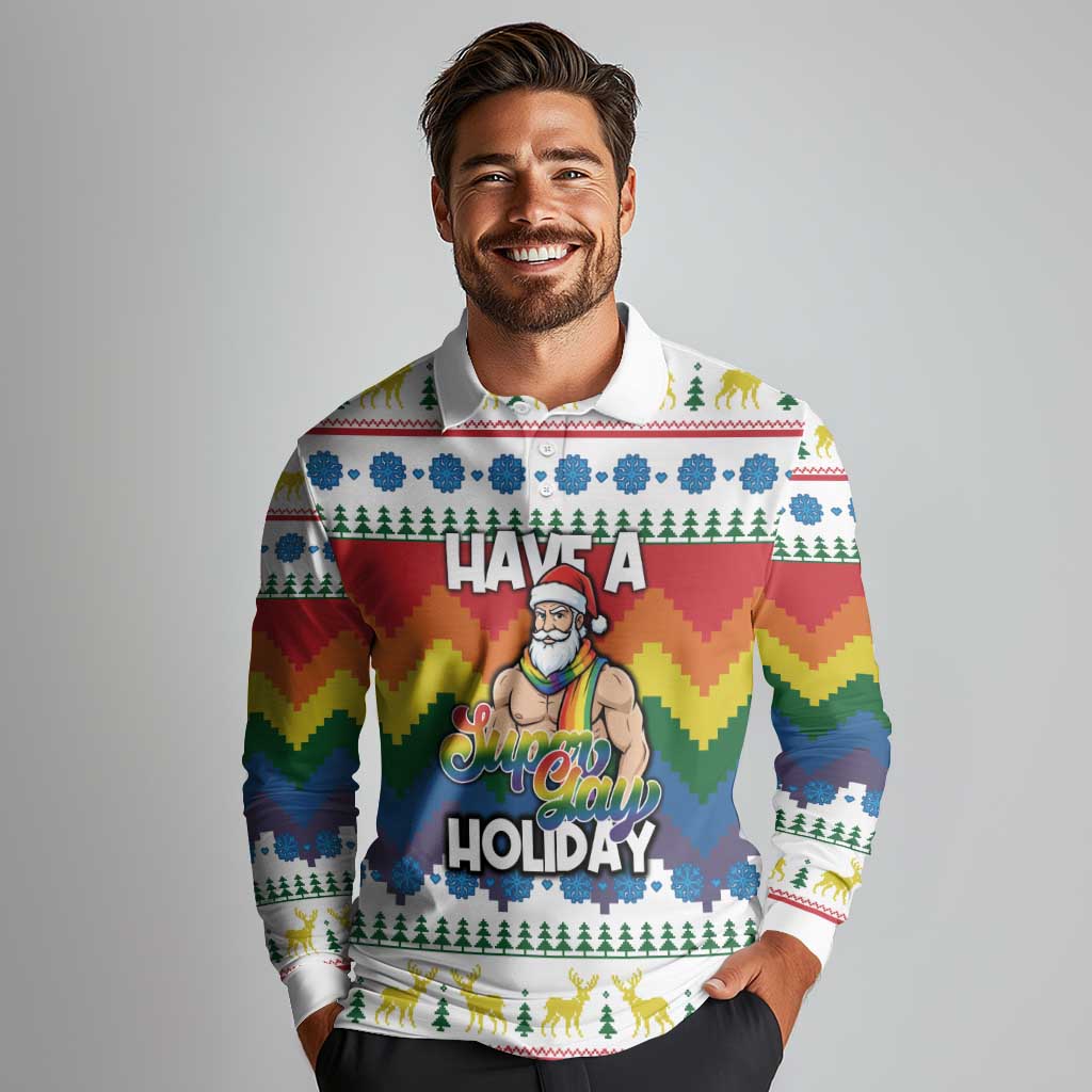 Have A Super Gay Holiday Christmas Long Sleeve Polo Shirt Xmas Holiday Patterns - Wonder Print Shop