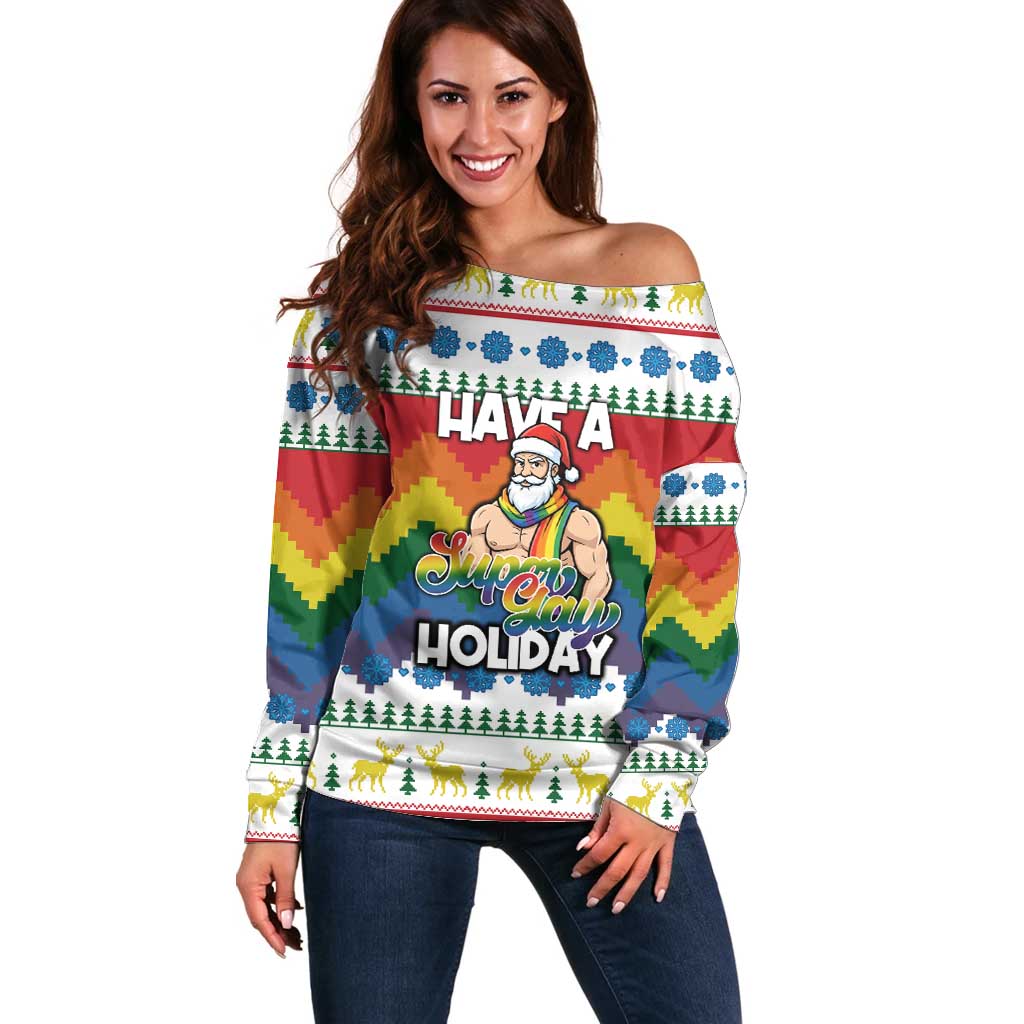 Have A Super Gay Holiday Christmas Off Shoulder Sweater Xmas Holiday Patterns - Wonder Print Shop