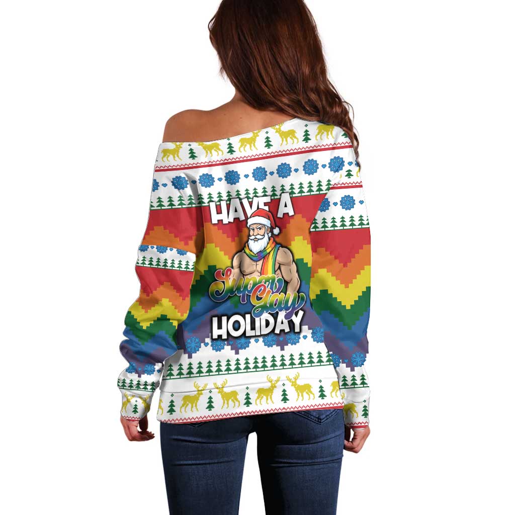 Have A Super Gay Holiday Christmas Off Shoulder Sweater Xmas Holiday Patterns - Wonder Print Shop