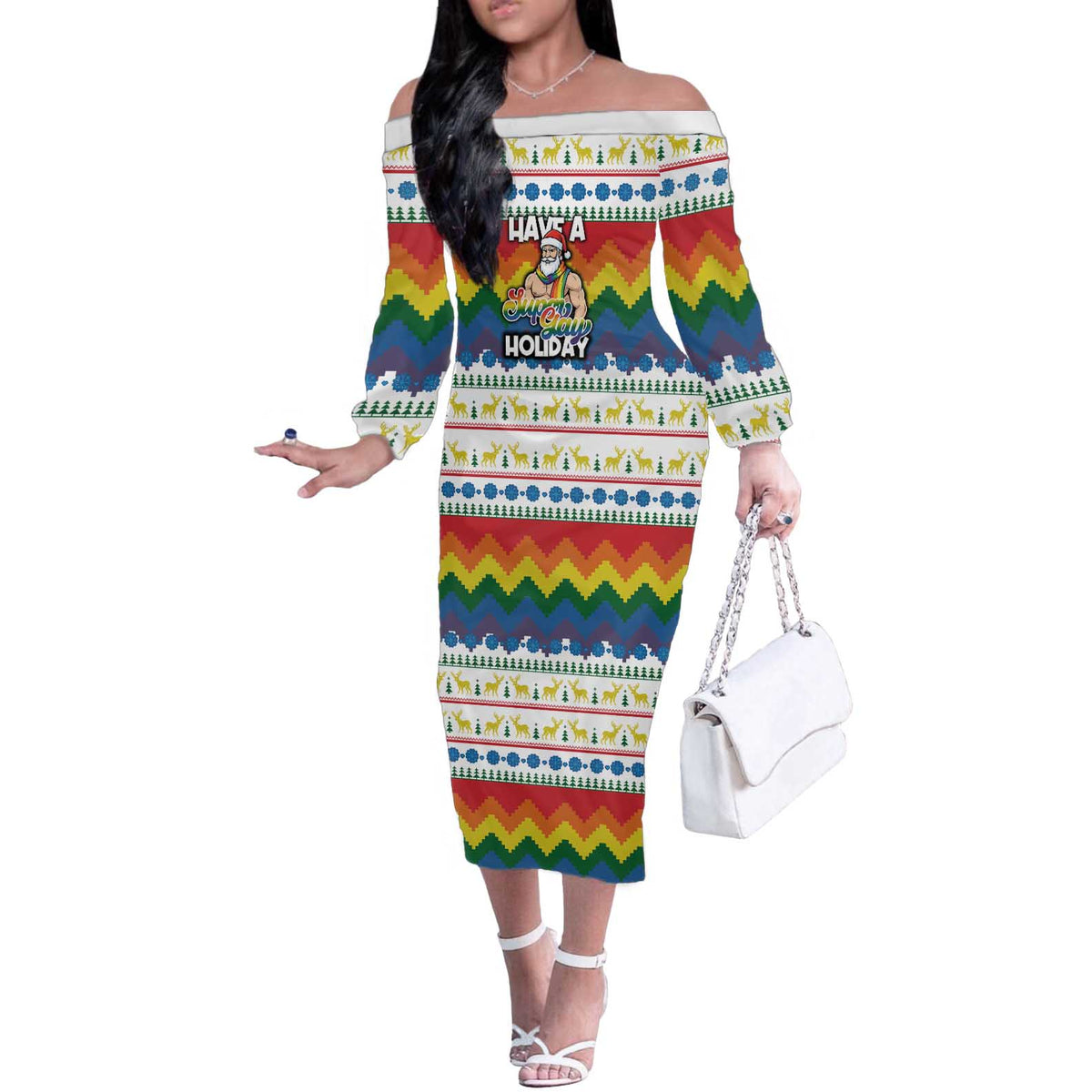 Have A Super Gay Holiday Christmas Off The Shoulder Long Sleeve Dress Xmas Holiday Patterns - Wonder Print Shop