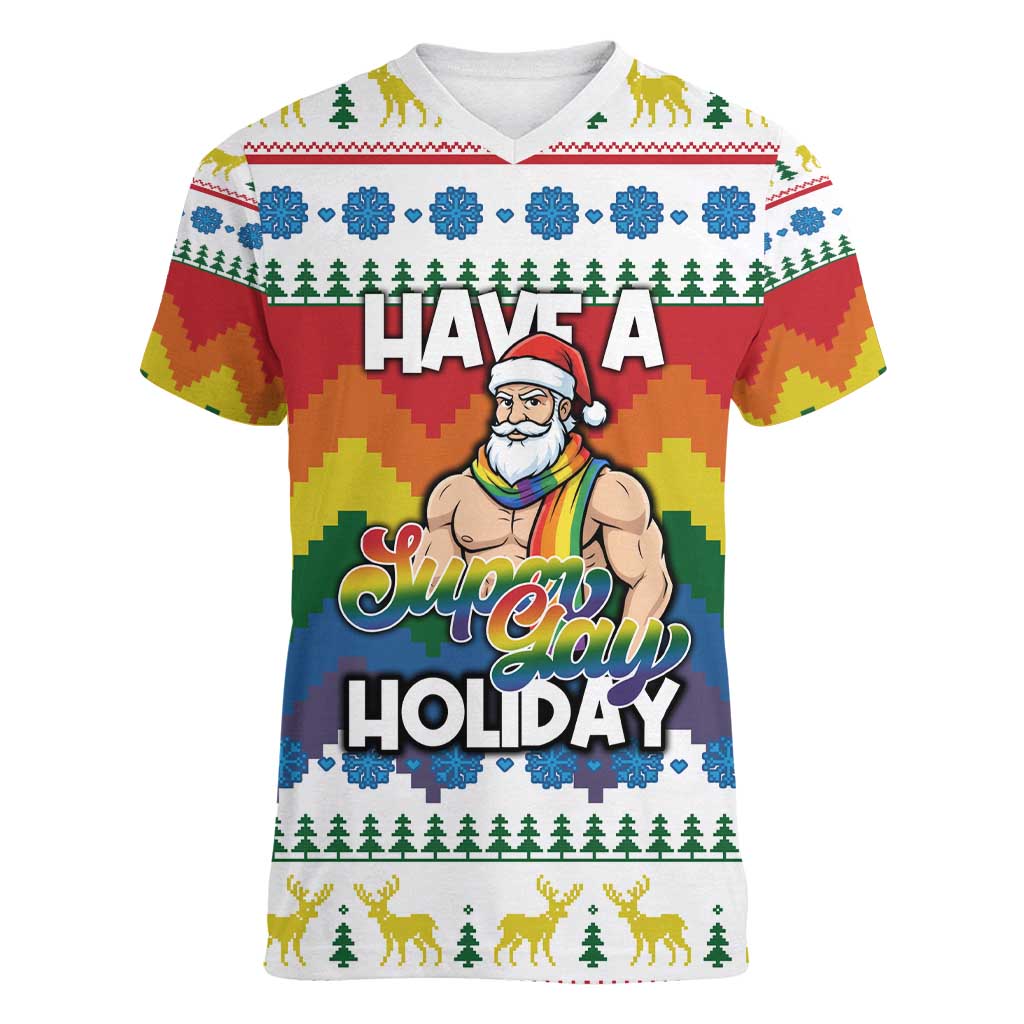 Have A Super Gay Holiday Christmas Women V-Neck T-Shirt Xmas Holiday Patterns - Wonder Print Shop