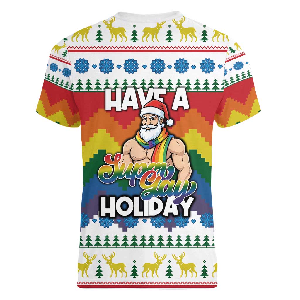 Have A Super Gay Holiday Christmas Women V-Neck T-Shirt Xmas Holiday Patterns - Wonder Print Shop