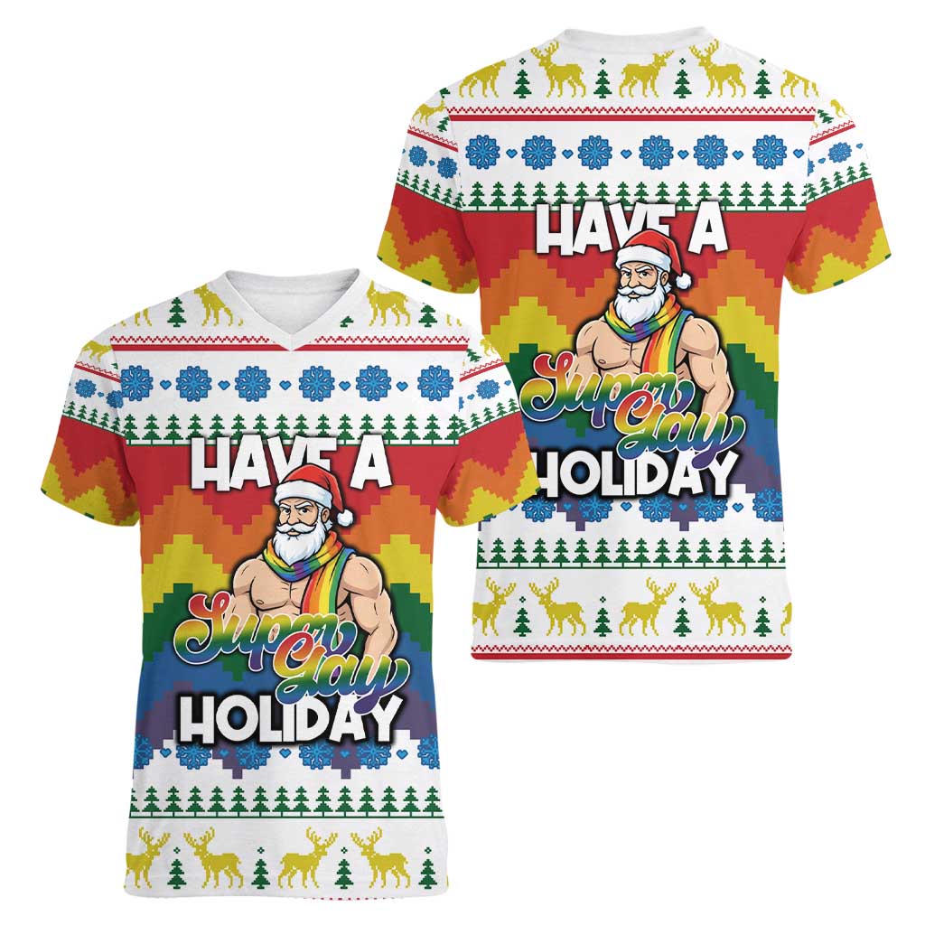 Have A Super Gay Holiday Christmas Women V-Neck T-Shirt Xmas Holiday Patterns - Wonder Print Shop