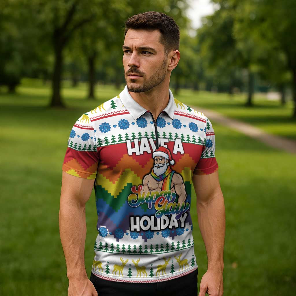 Have A Super Gay Holiday Christmas Zipper Polo Shirt Xmas Holiday Patterns - Wonder Print Shop