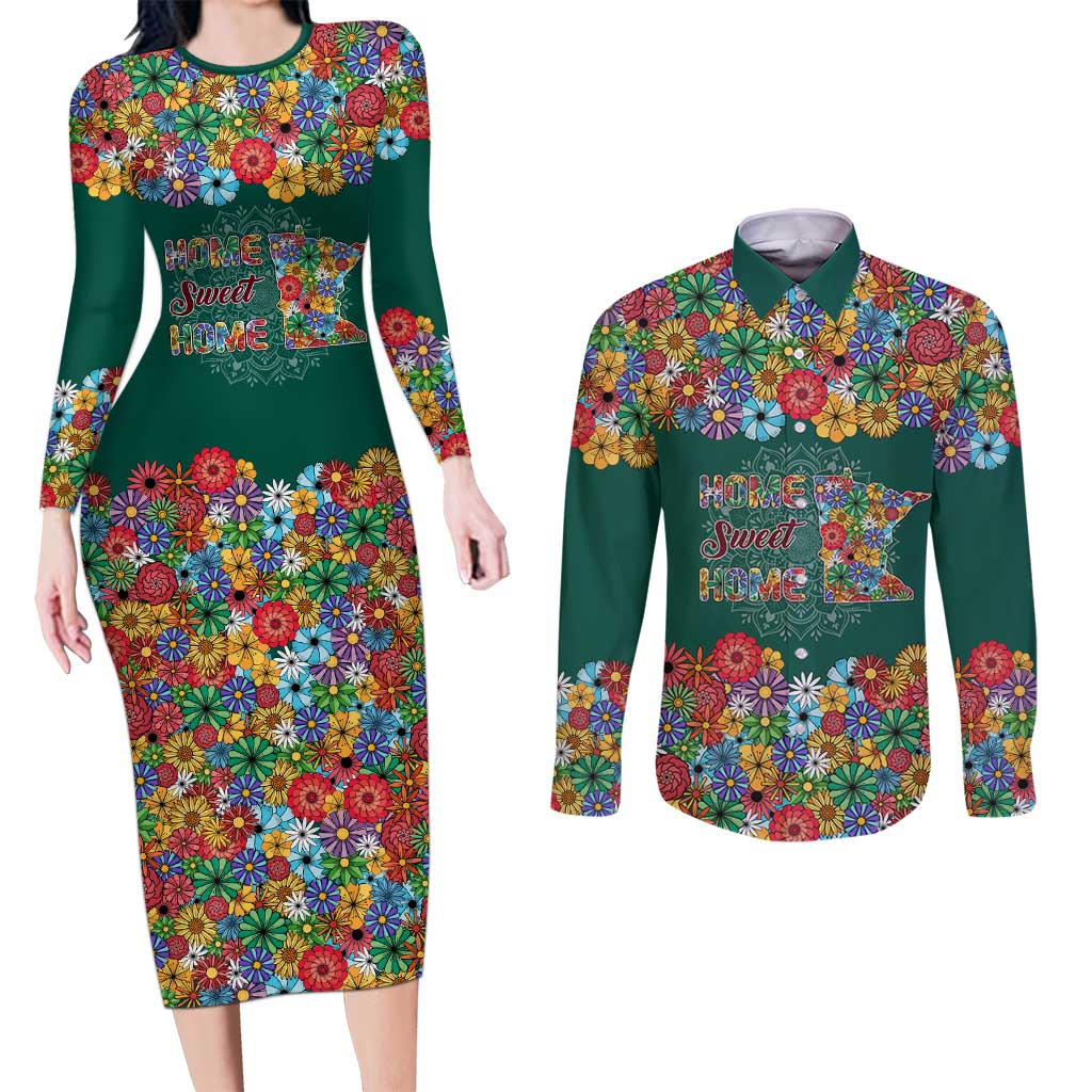 Home Sweet Home Minnesota Flower Xmas Christmas Couples Matching Long Sleeve Bodycon Dress and Long Sleeve Button Shirt Xmas Holiday Patterns - Wonder Print Shop