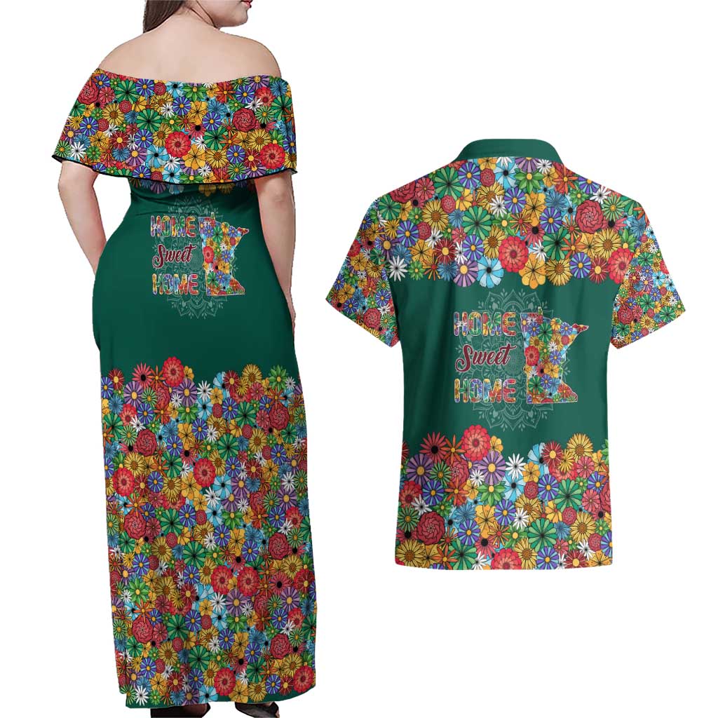 Home Sweet Home Minnesota Flower Xmas Christmas Couples Matching Off Shoulder Maxi Dress and Hawaiian Shirt Xmas Holiday Patterns - Wonder Print Shop