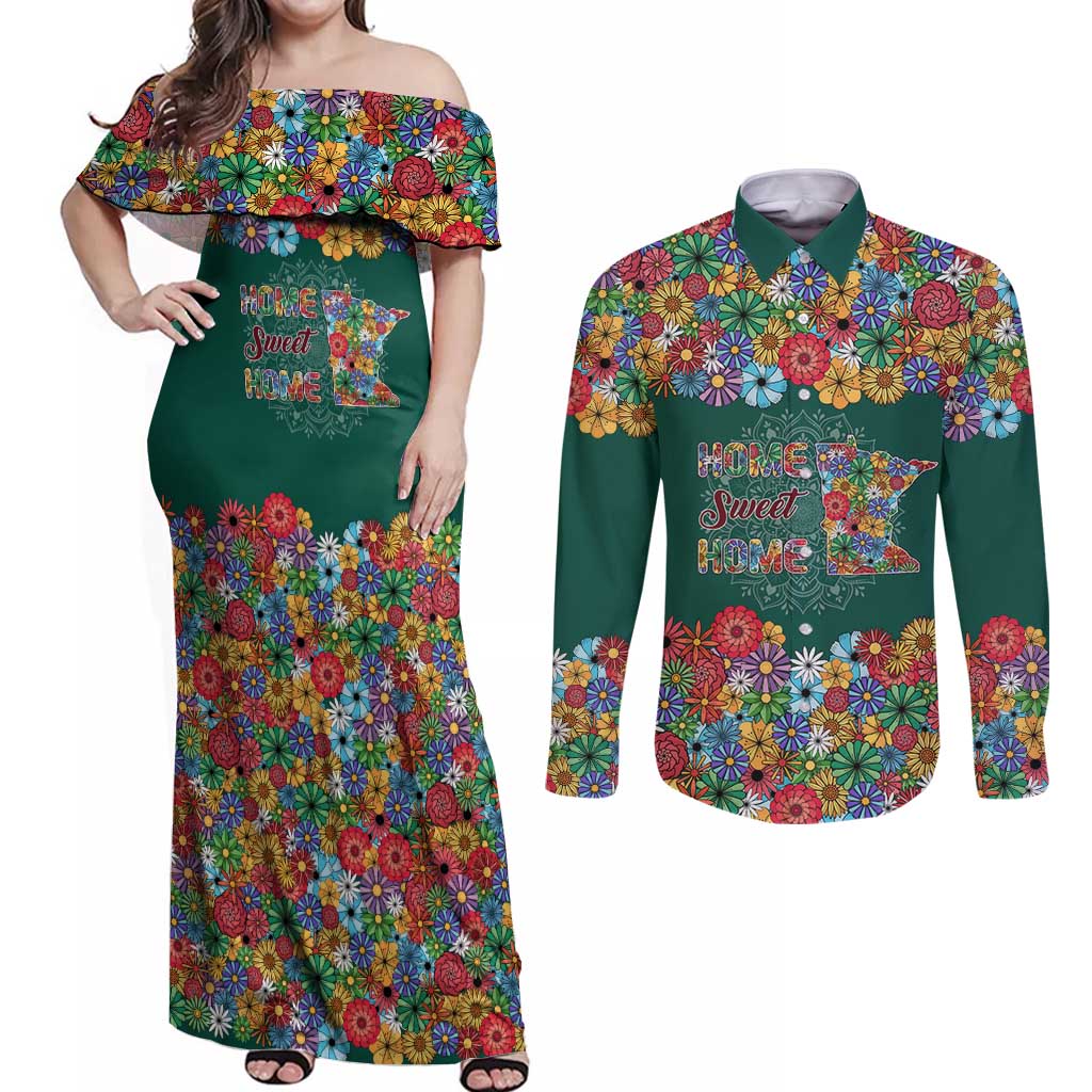 Home Sweet Home Minnesota Flower Xmas Christmas Couples Matching Off Shoulder Maxi Dress and Long Sleeve Button Shirt Xmas Holiday Patterns - Wonder Print Shop