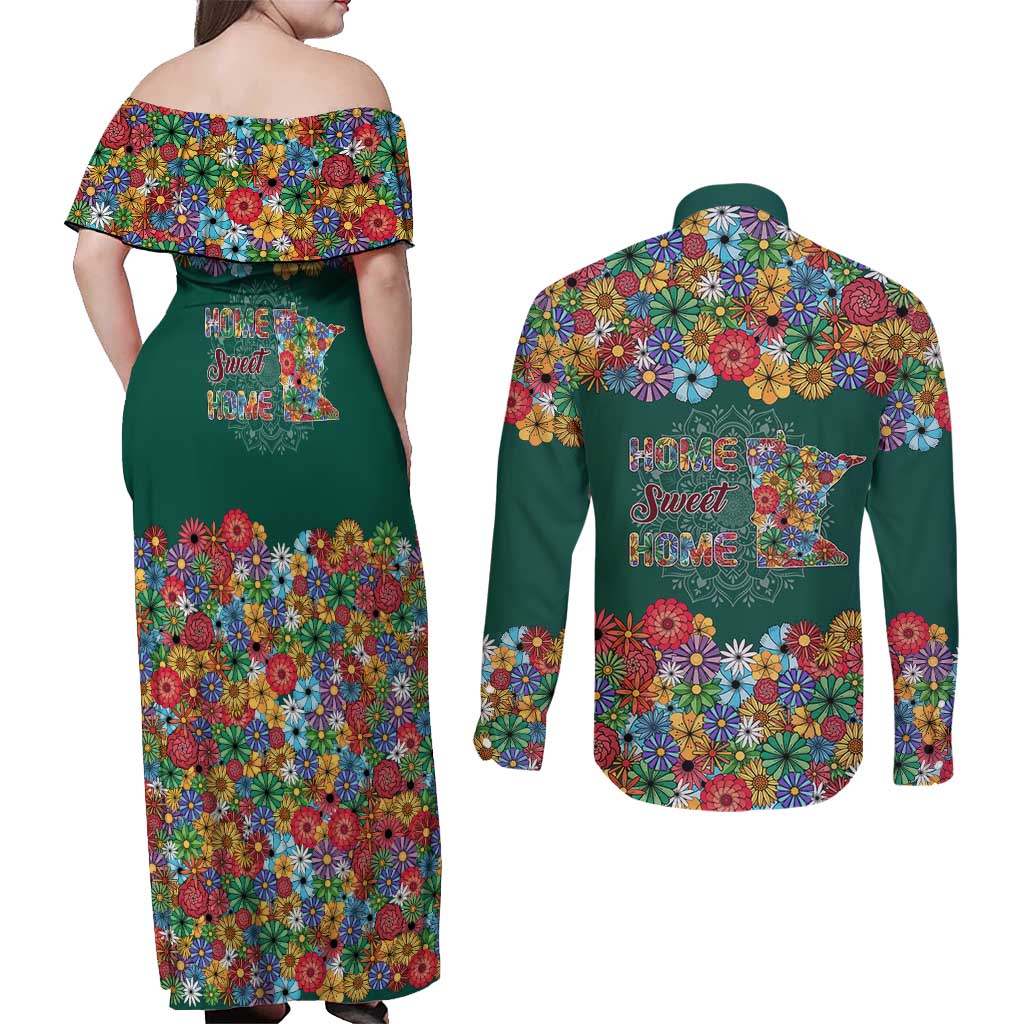 Home Sweet Home Minnesota Flower Xmas Christmas Couples Matching Off Shoulder Maxi Dress and Long Sleeve Button Shirt Xmas Holiday Patterns - Wonder Print Shop