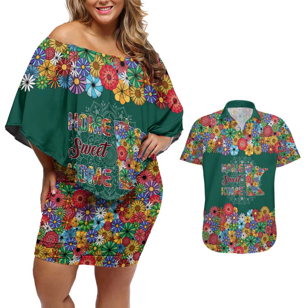 Home Sweet Home Minnesota Flower Xmas Christmas Couples Matching Off Shoulder Short Dress and Hawaiian Shirt Xmas Holiday Patterns - Wonder Print Shop
