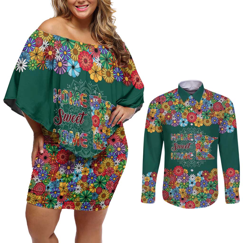 Home Sweet Home Minnesota Flower Xmas Christmas Couples Matching Off Shoulder Short Dress and Long Sleeve Button Shirt Xmas Holiday Patterns - Wonder Print Shop