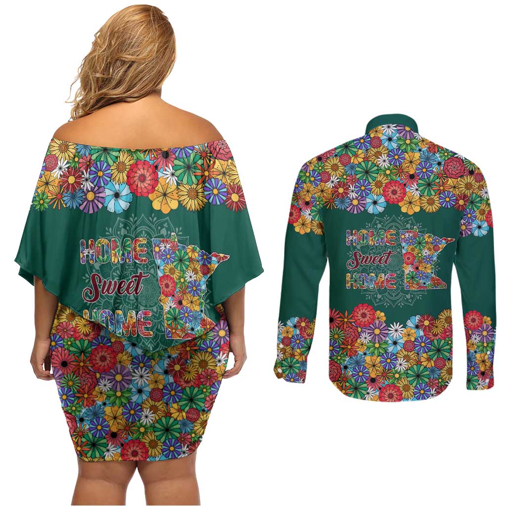 Home Sweet Home Minnesota Flower Xmas Christmas Couples Matching Off Shoulder Short Dress and Long Sleeve Button Shirt Xmas Holiday Patterns - Wonder Print Shop