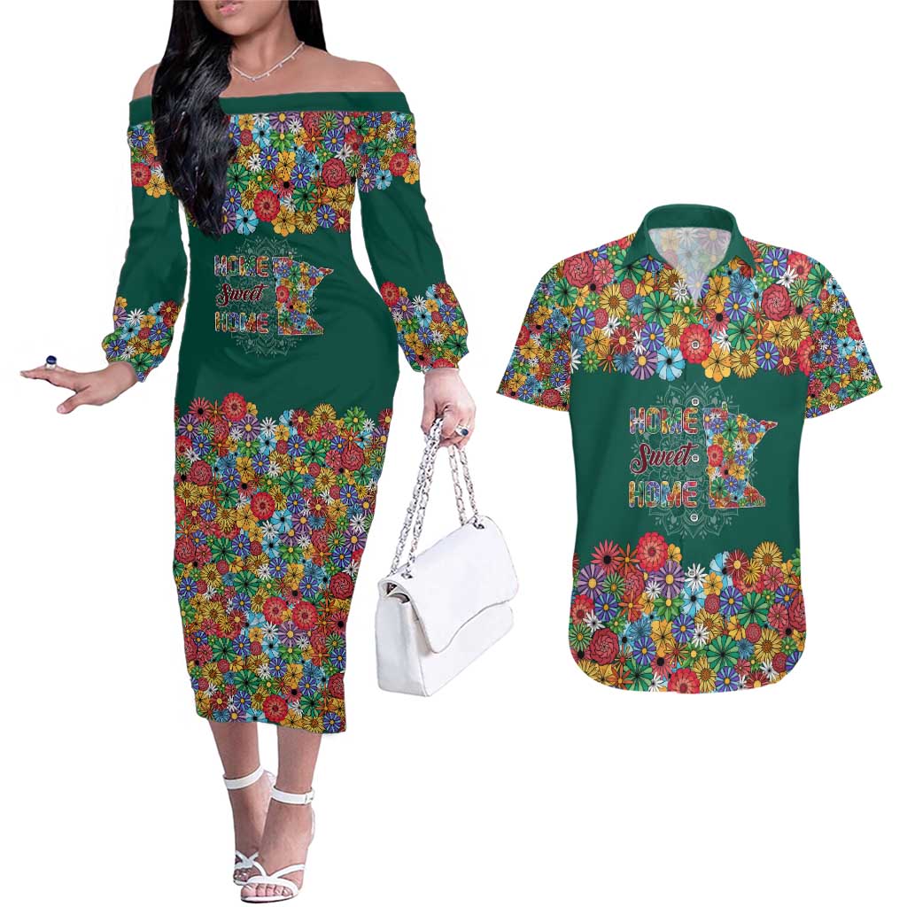 Home Sweet Home Minnesota Flower Xmas Christmas Couples Matching Off The Shoulder Long Sleeve Dress and Hawaiian Shirt Xmas Holiday Patterns - Wonder Print Shop