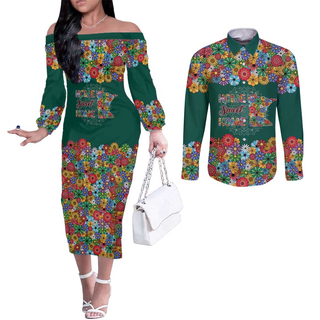 Home Sweet Home Minnesota Flower Xmas Christmas Couples Matching Off The Shoulder Long Sleeve Dress and Long Sleeve Button Shirt Xmas Holiday Patterns - Wonder Print Shop