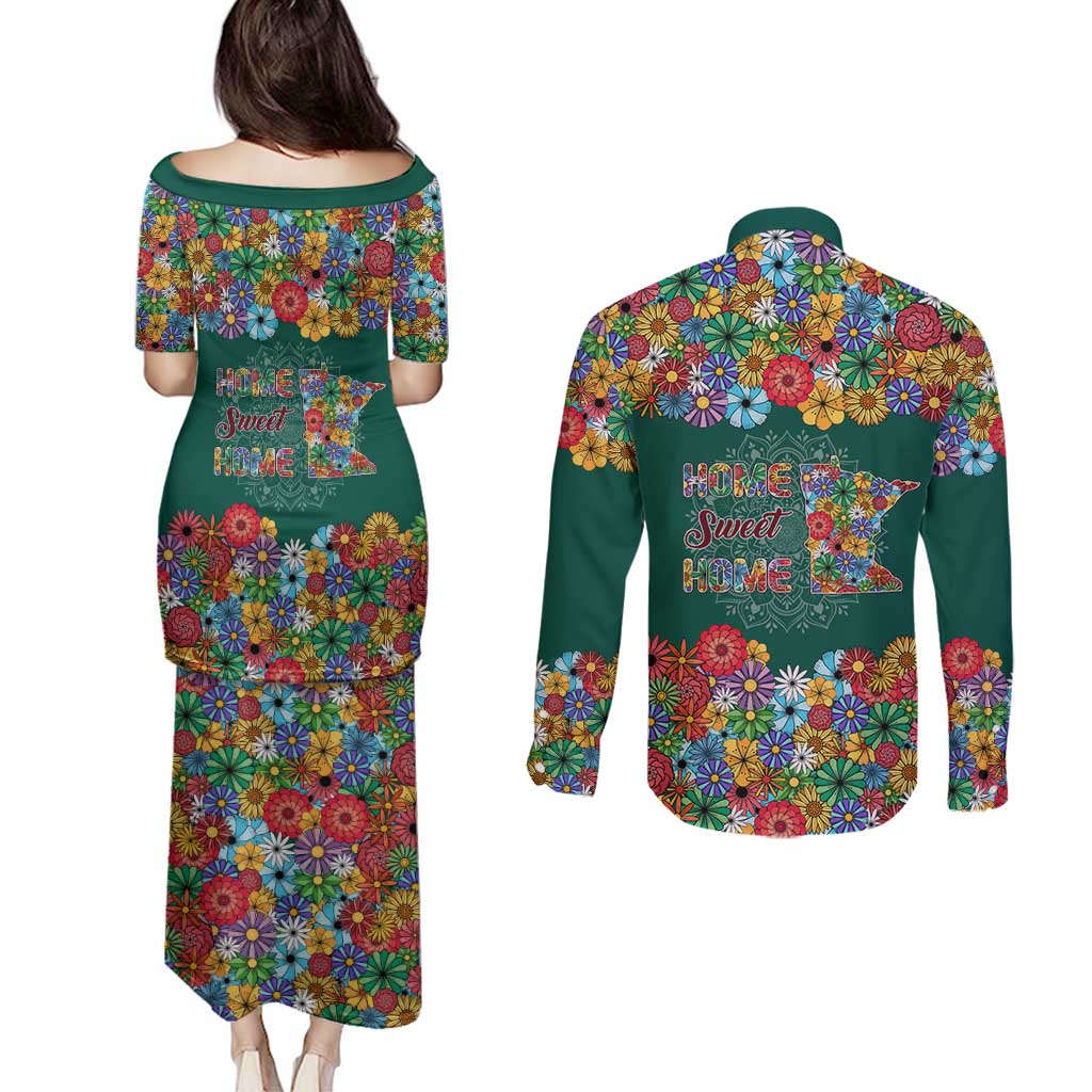 Home Sweet Home Minnesota Flower Xmas Christmas Couples Matching Puletasi and Long Sleeve Button Shirt Xmas Holiday Patterns - Wonder Print Shop