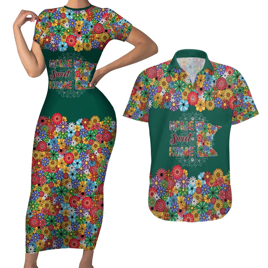Home Sweet Home Minnesota Flower Xmas Christmas Couples Matching Short Sleeve Bodycon Dress and Hawaiian Shirt Xmas Holiday Patterns - Wonder Print Shop
