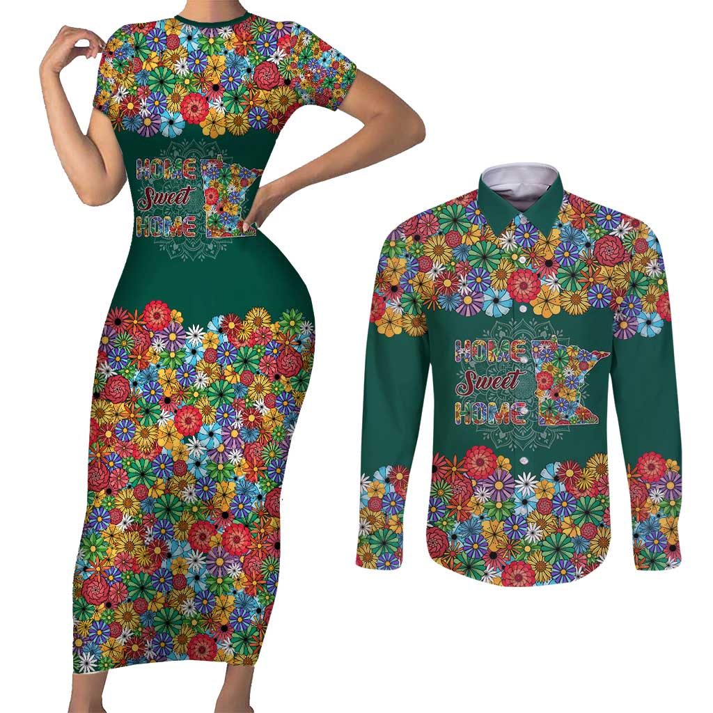 Home Sweet Home Minnesota Flower Xmas Christmas Couples Matching Short Sleeve Bodycon Dress and Long Sleeve Button Shirt Xmas Holiday Patterns - Wonder Print Shop