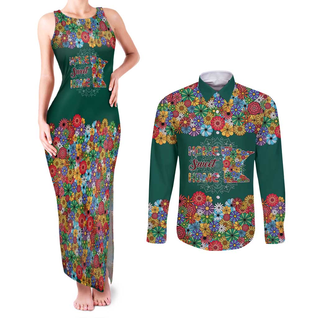 Home Sweet Home Minnesota Flower Xmas Christmas Couples Matching Tank Maxi Dress and Long Sleeve Button Shirt Xmas Holiday Patterns - Wonder Print Shop