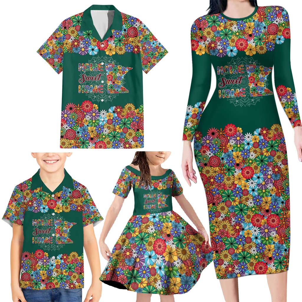 Home Sweet Home Minnesota Flower Xmas Christmas Family Matching Long Sleeve Bodycon Dress and Hawaiian Shirt Xmas Holiday Patterns - Wonder Print Shop